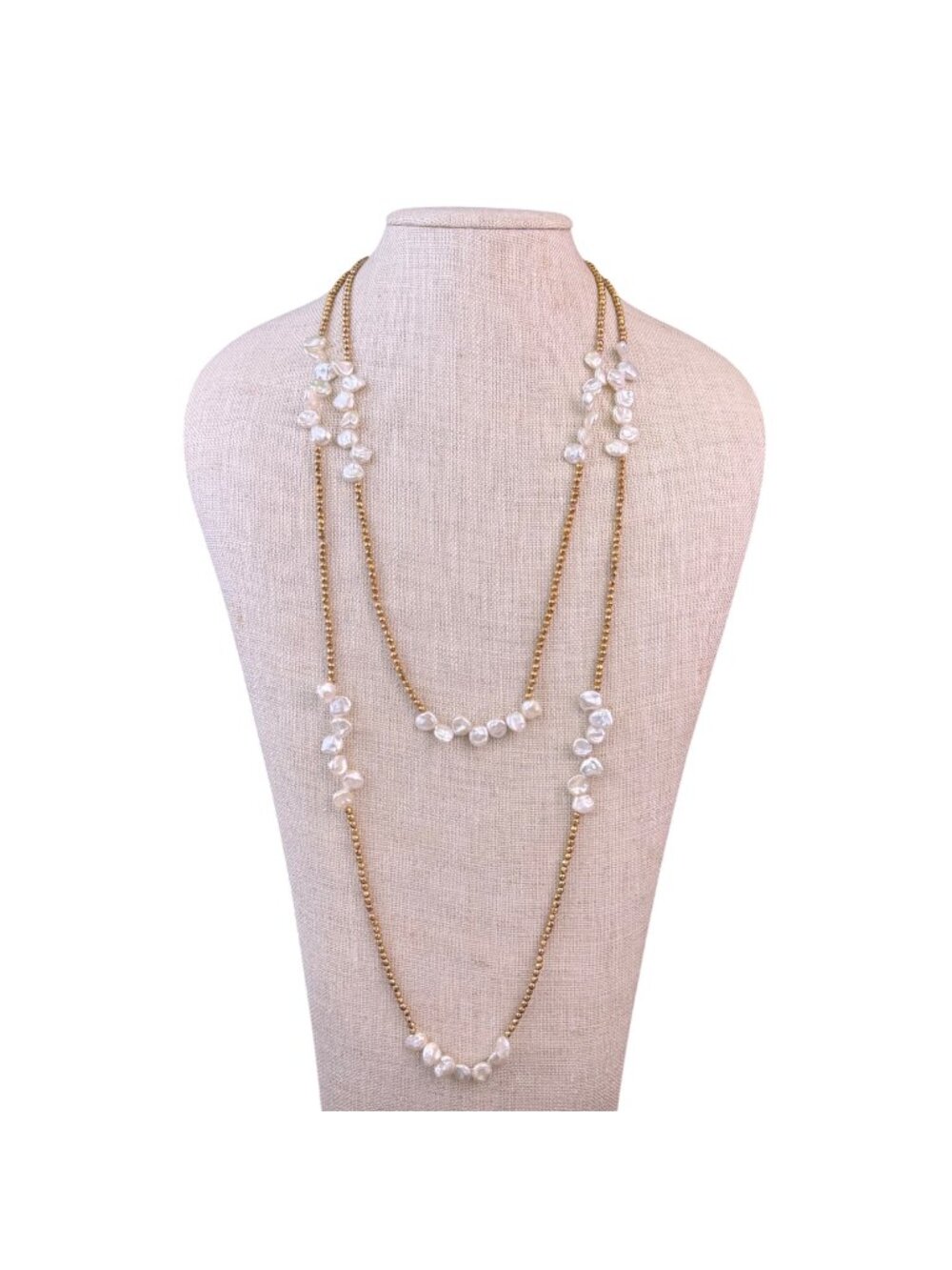 Long Strand Irregular Freshwater Keshi Pearls & Golden Beads Necklace